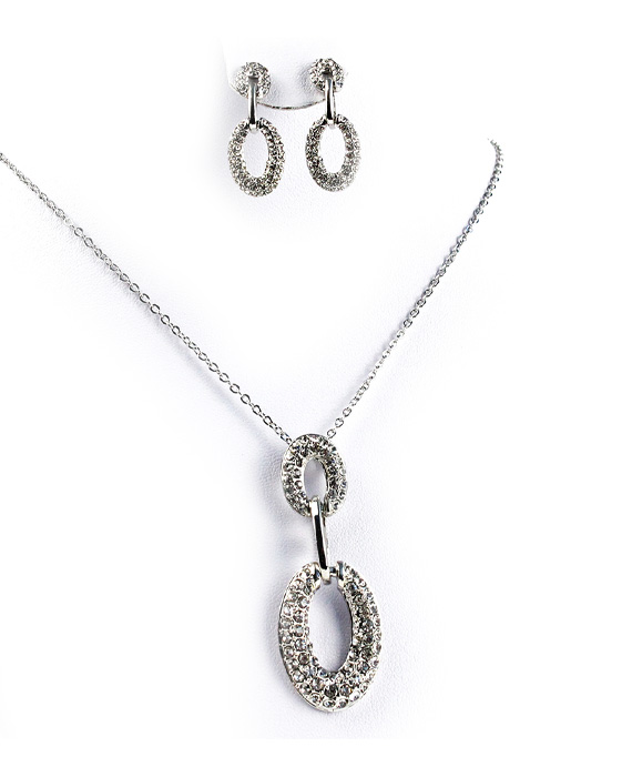 Set rhodiovaných oválnych náušníc a náhrdelníka M025-1T