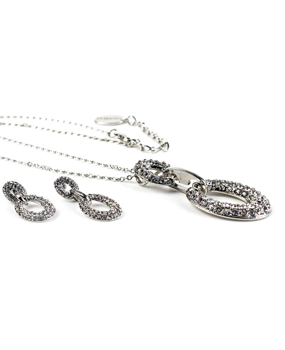Set rhodiovaných oválnych náušníc a náhrdelníka M025-1T