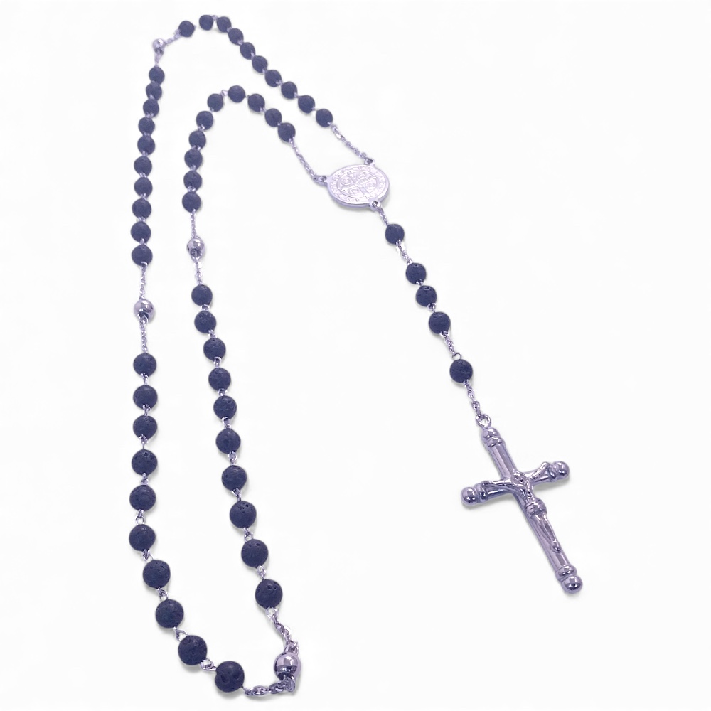 Ruženec na krk z chirurgickej ocele lávový kameň T007