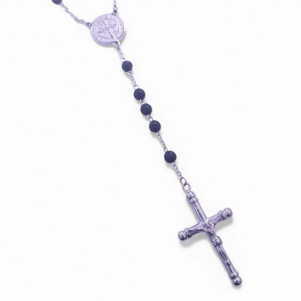 Ruženec na krk z chirurgickej ocele lávový kameň T007