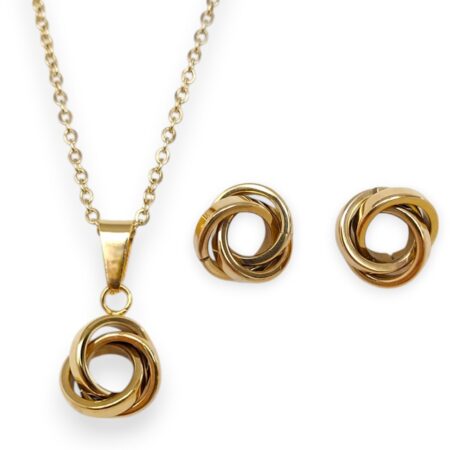 Oceľový set náušnice a náhrdelnik prepletené kruhy zlatý Y002-05