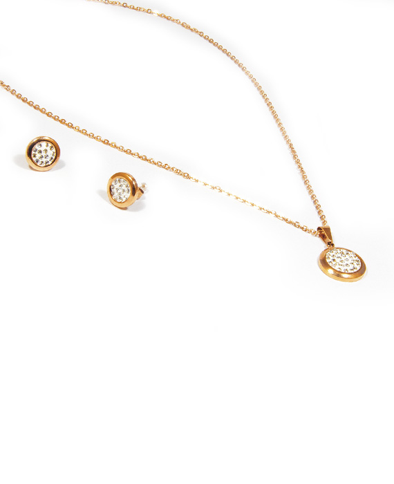 Jemný oceľový set náušnice a náhrdelník s kryštálmi rose gold Y007-25